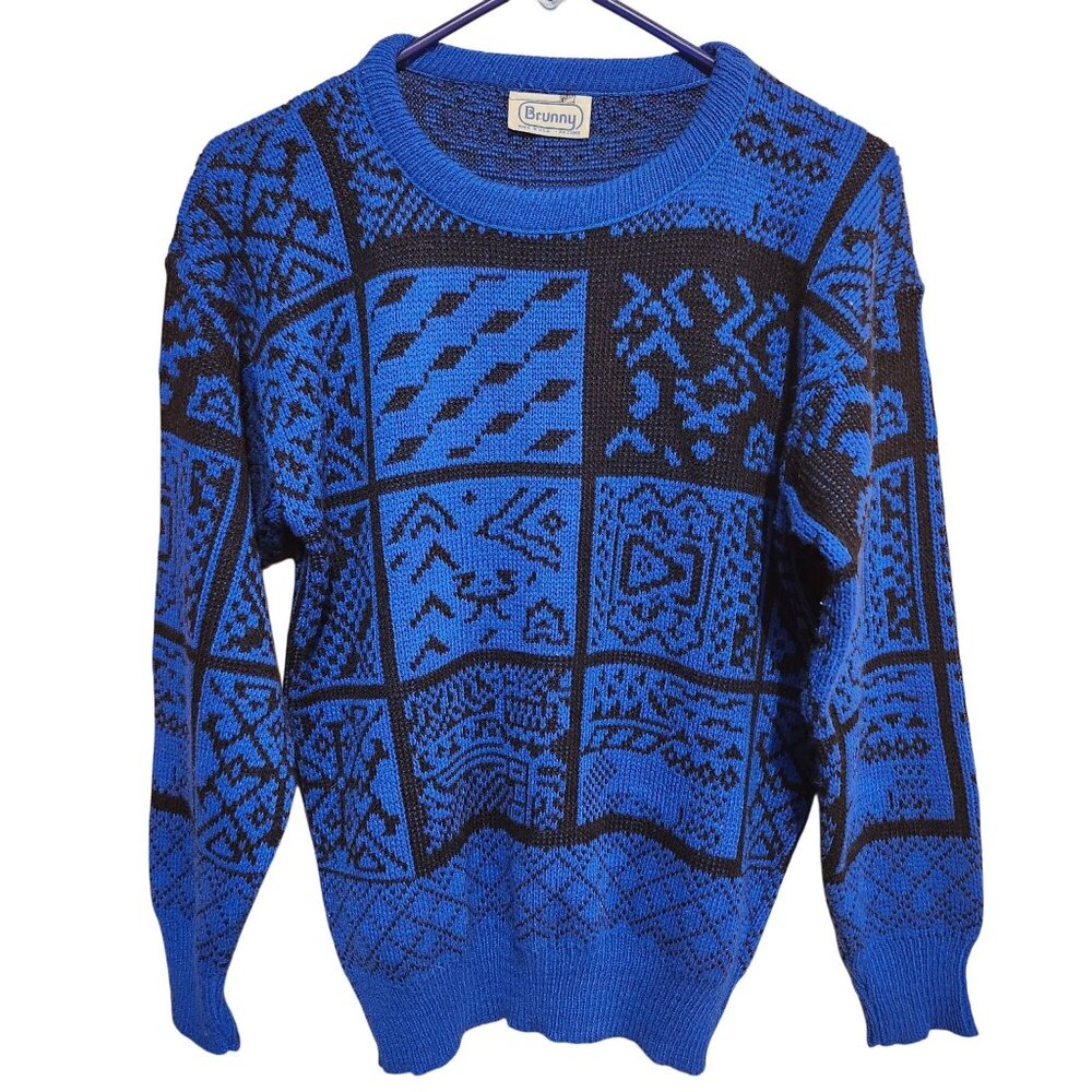 Vintage 80s/90s Brunny Women's Medium Blue Black Geometric Knit Sweater USA Made